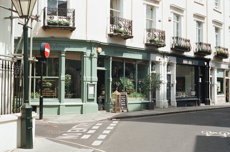 An outdoor narrow cobblestone pathway in South Kensington, lined with residential buildings on the left featuring white facades, black iron balconies, and potted plants placed along the sidewalk. On t