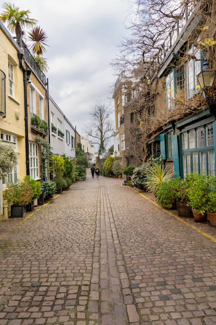 A narrow cobblestone street in South Kensington, lined with diverse residential buildings featuring a mix of modern and classical architectural styles. The buildings have facades of beige, gray, and teal colors, with some displaying decorative window frames and small balconies. Potted plants and greenery adorn window sills and along the sidewalk, adding natural accents to the scene. Leafless trees with slender branches extend overhead, and the street is illuminated by soft, natural daylight under a cloudy sky. This tranquil, clean outdoor environment exemplifies well-maintained urban residential areas, reflecting the aesthetic of South Kensington, where professional cleaning services like those from carpetcleanerssouthkensington.co.uk contribute to maintaining such pristine conditions.