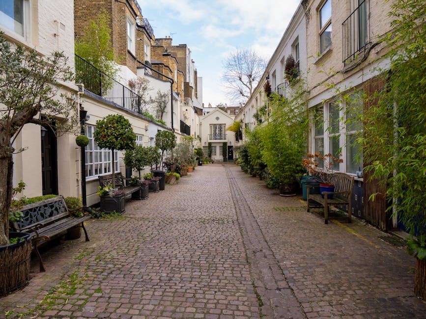 A narrow cobblestone street in South Kensington, lined with diverse residential buildings featuring a mix of modern and classical architectural styles. The buildings have facades of beige, gray, and teal colors, with some displaying decorative window frames and small balconies. Potted plants and greenery adorn window sills and along the sidewalk, adding natural accents to the scene. Leafless trees with slender branches extend overhead, and the street is illuminated by soft, natural daylight under a cloudy sky. This tranquil, clean outdoor environment exemplifies well-maintained urban residential areas, reflecting the aesthetic of South Kensington, where professional cleaning services like those from carpetcleanerssouthkensington.co.uk contribute to maintaining such pristine conditions.